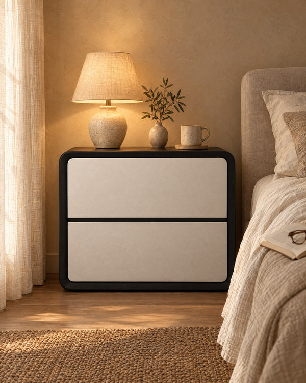 Black and Cream Rounded Bedside Table with 2 Drawers