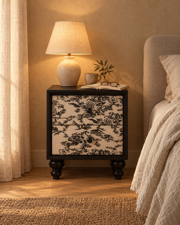 Black Bedside Table with Floral Toile Drawers and Bun Feet
