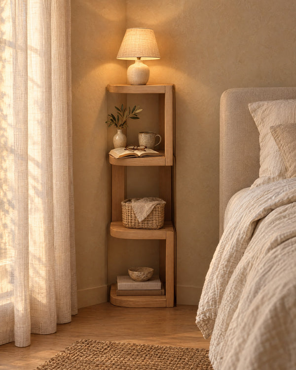 Corner Bedside Shelf with 4 Rounded Tiers in Light Oak