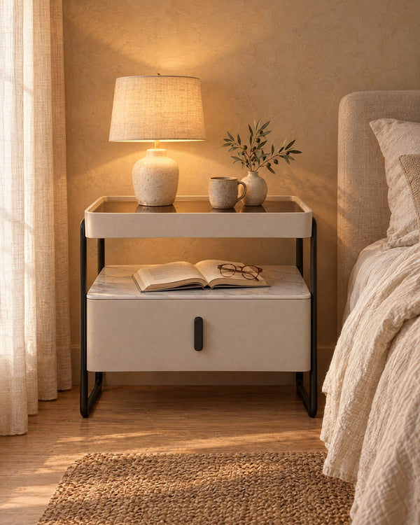 Cream Bedside Table with Glass Top, Open Shelf and Drawer