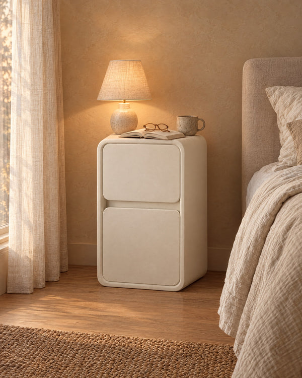 Cream Soft-Edge Bedside Table with 2 Handle-Free Drawers