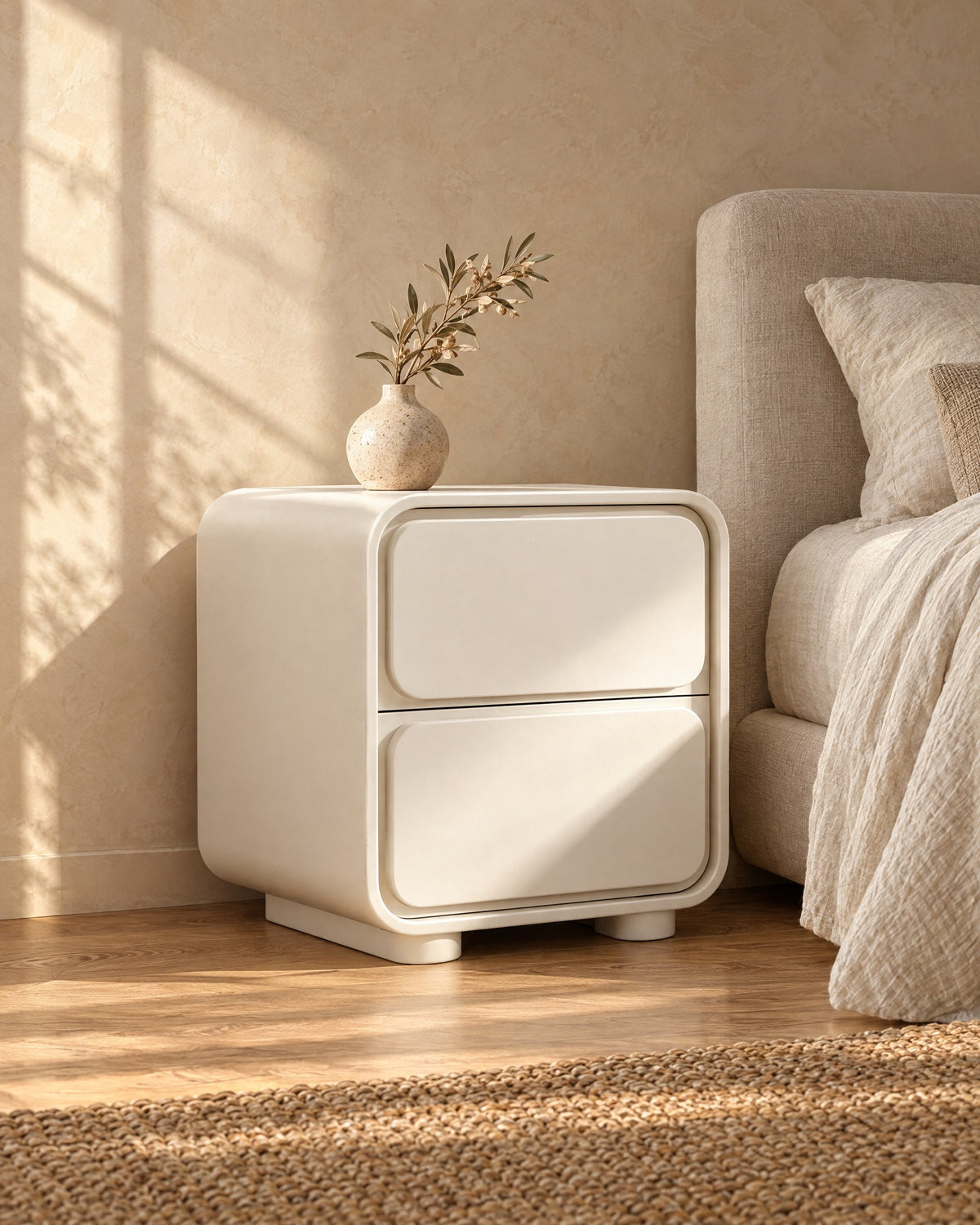 Two rounded, handle-free drawers
