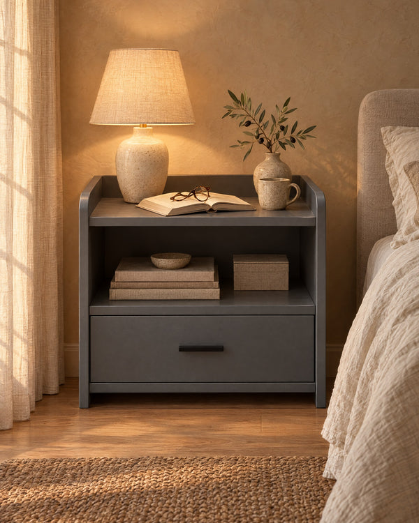Grey Bedside Table with Open Shelf and Drawer