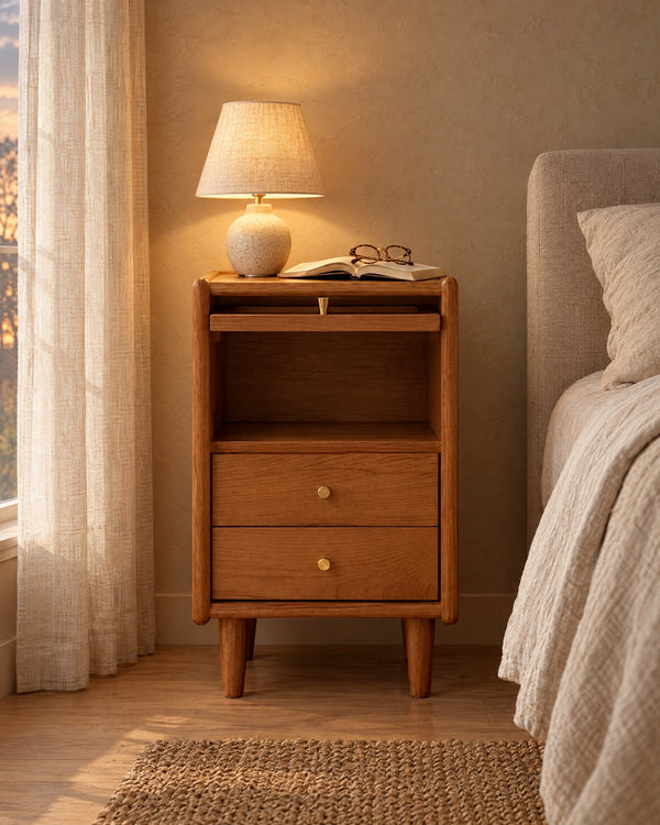 Narrow Cherry Wood Bedside Table with Pull-Out Tray and 2 Drawers