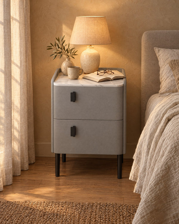 Narrow Grey Bedside Table with 2 Drawers and Black Legs