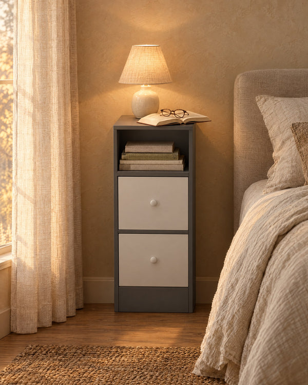 Narrow Grey and White Bedside Table with Open Niche and 2 Drawers