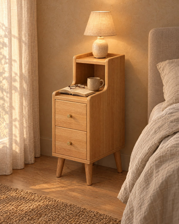 Narrow Oak Bedside Table with 2 Drawers and Open Shelf, 20 cm