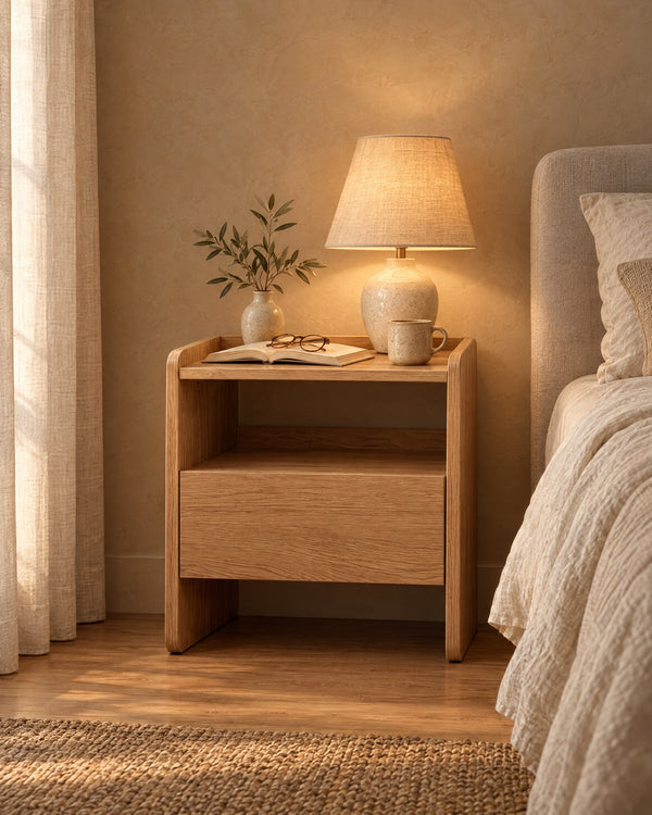 Oak Bedside Table with Drawer, Open Shelf and Rounded Sides