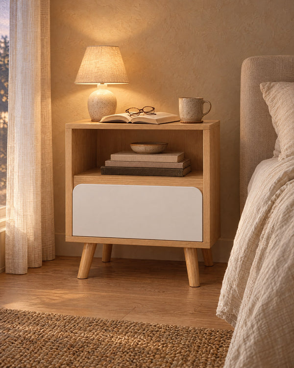 Oak-Effect Bedside Table with Open Niche and White Drawer