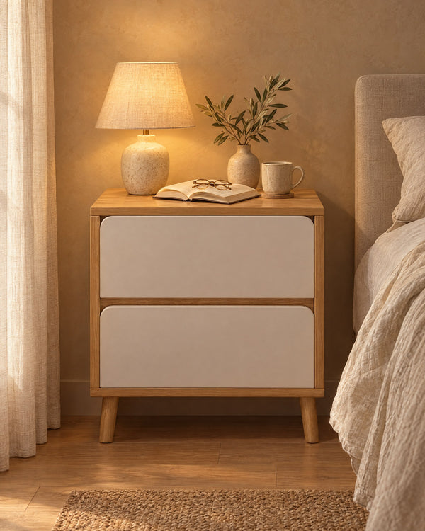 Oak and Cream Bedside Table with 2 Drawers