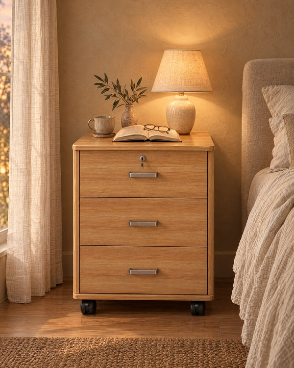 Oak-Effect Bedside Cabinet on Wheels with 3 Drawers and Lock