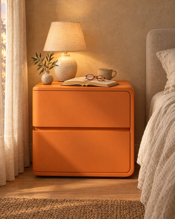 Orange Rounded Bedside Table with 2 Handle-Free Drawers