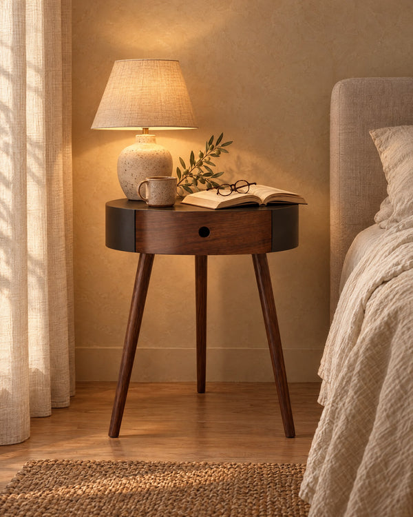 Round Black and Walnut Bedside Table with Drawer