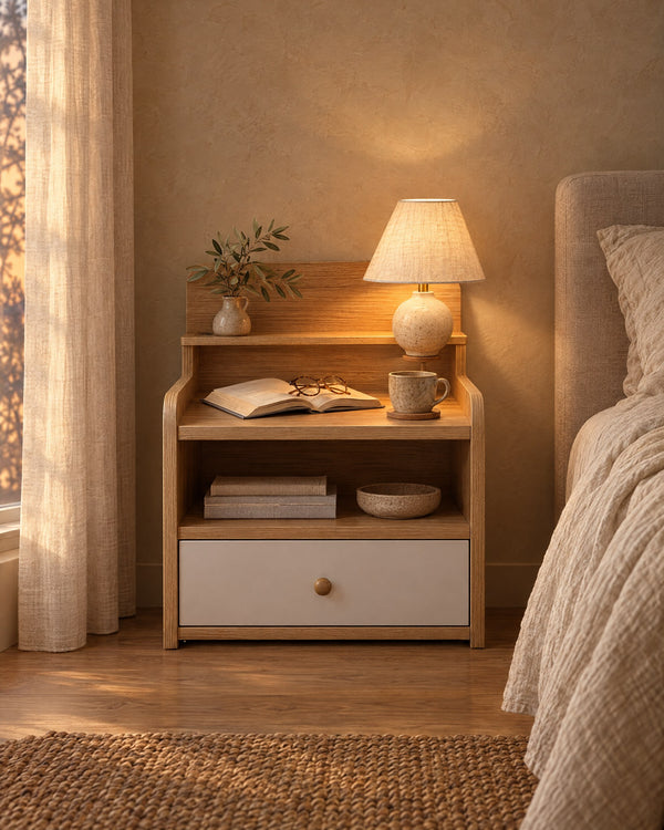 Small Oak-Effect Bedside Table with Hutch Shelf and Drawer