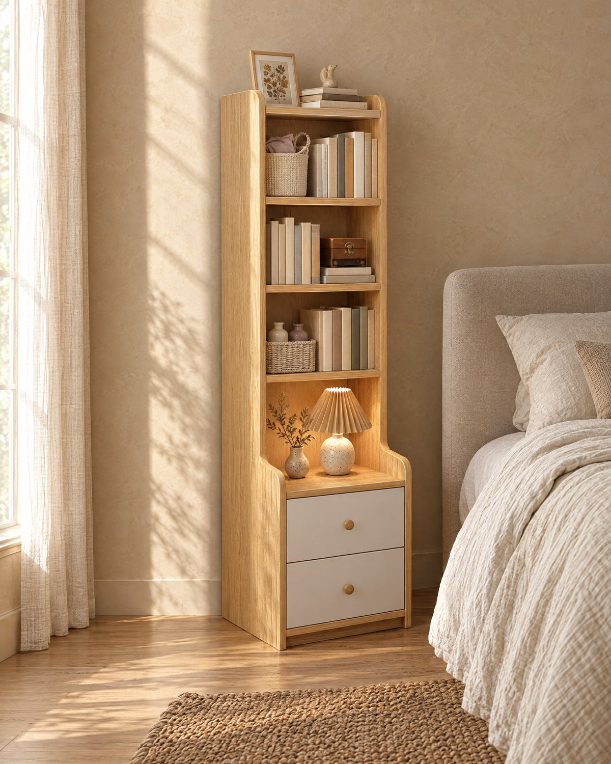 A bookcase above the bed