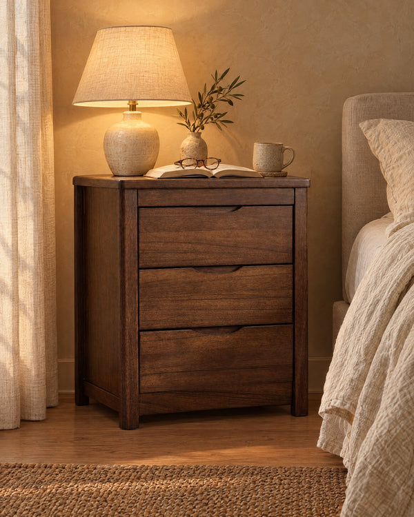 Walnut Bedside Table with 3 Drawers and Finger Pulls