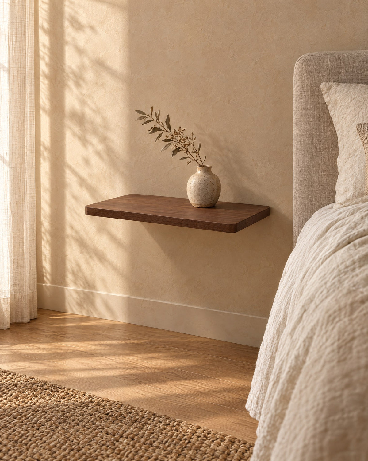 A shelf that floats beside the bed