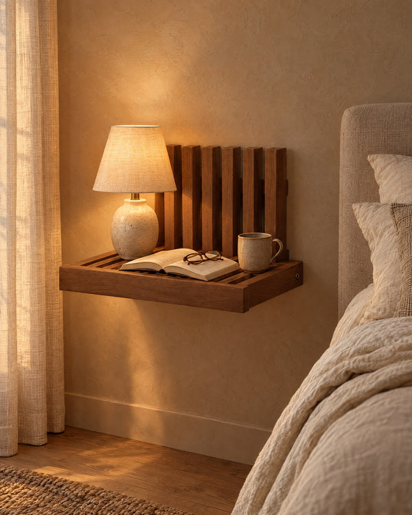 Walnut Fold-Down Wall Bedside Shelf with Slatted Back