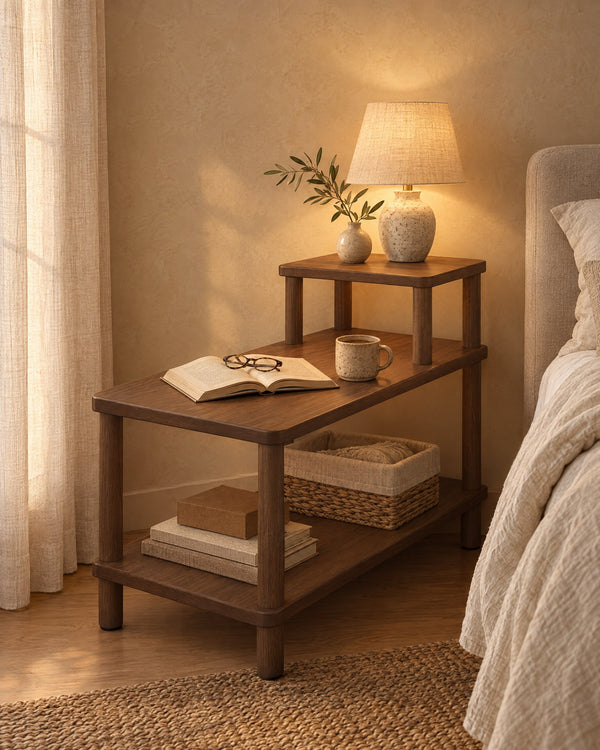Walnut Step Bedside Table with 3 Open Tiers