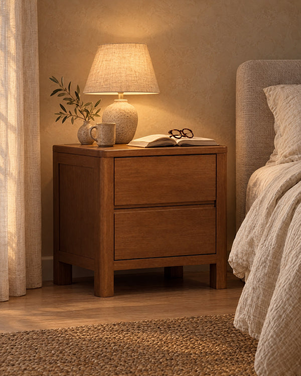 Walnut-Tone Wooden Bedside Table with 2 Drawers and Square Legs
