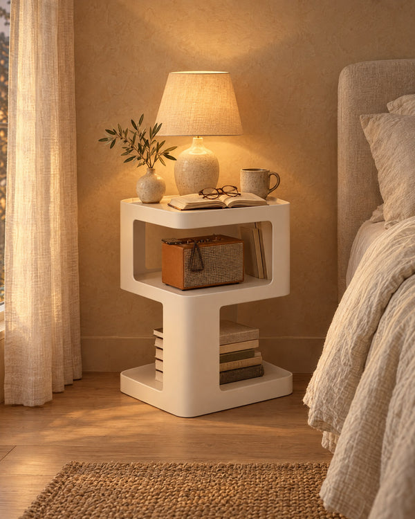 White Bedside Table with 3 Open Tiers and Sculpted Frame