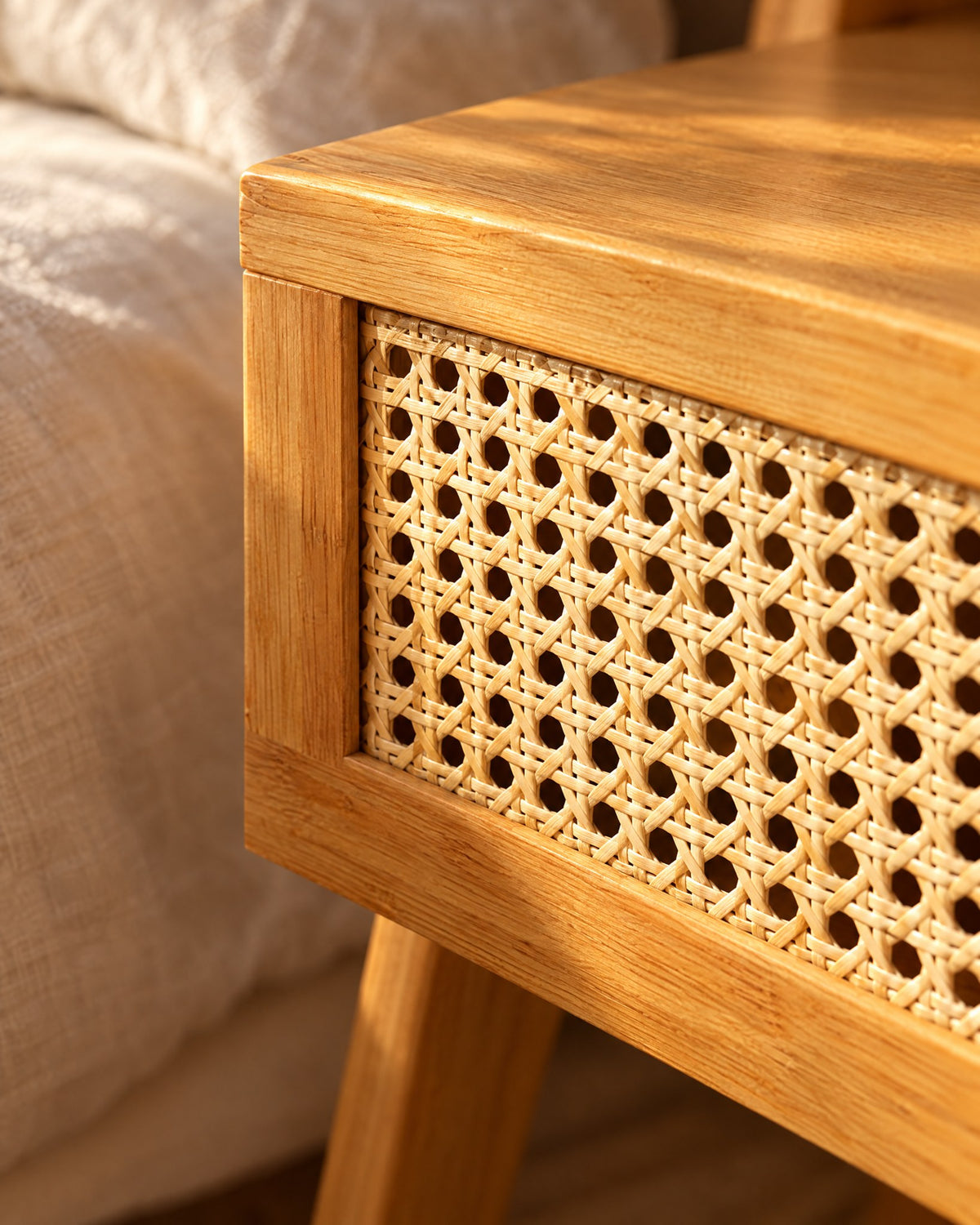 A woven rattan drawer
