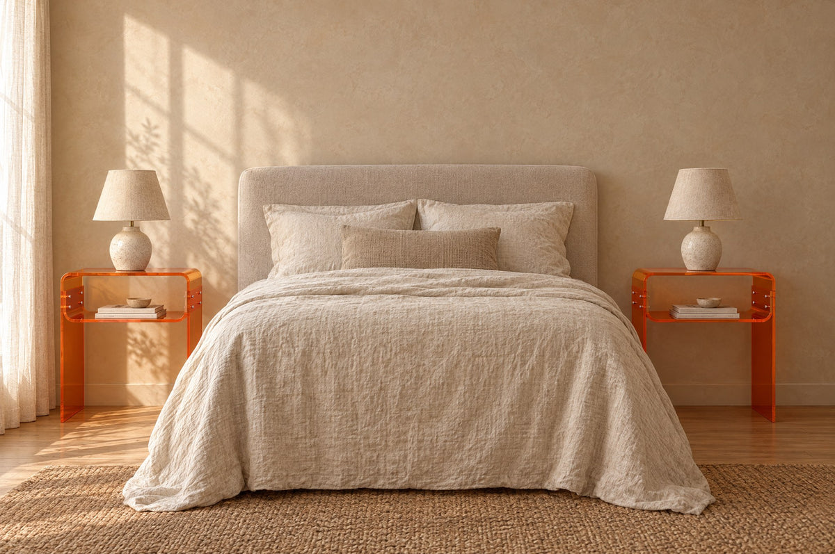Pair of amber acrylic bedside tables on each side of a double bed