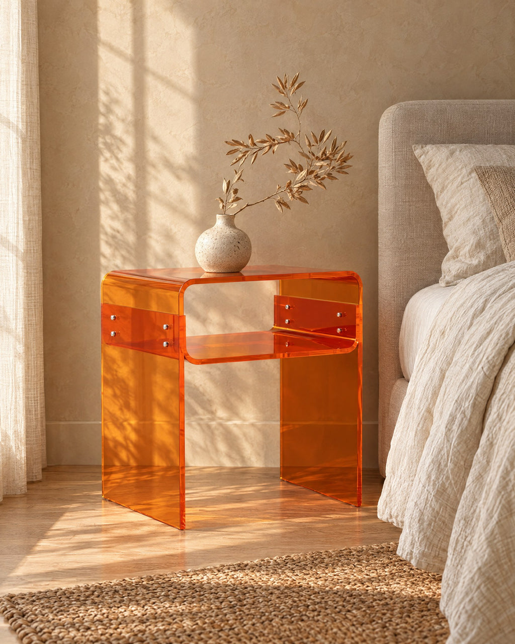 Three-quarter view of the amber acrylic bedside table