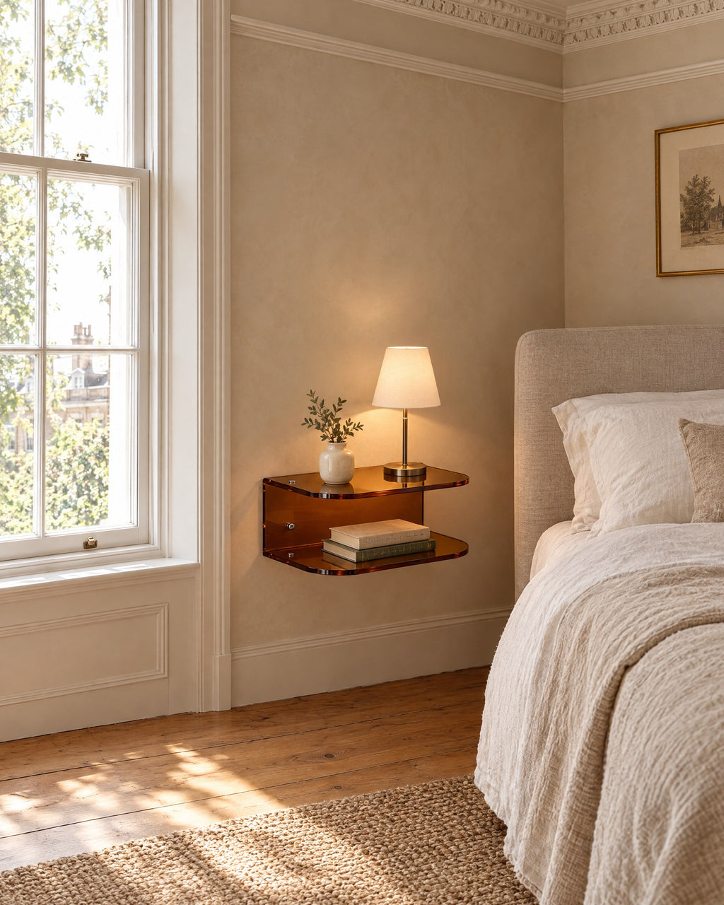 Amber acrylic floating bedside shelf beside a linen bed in a bright British bedroom with a sash window
