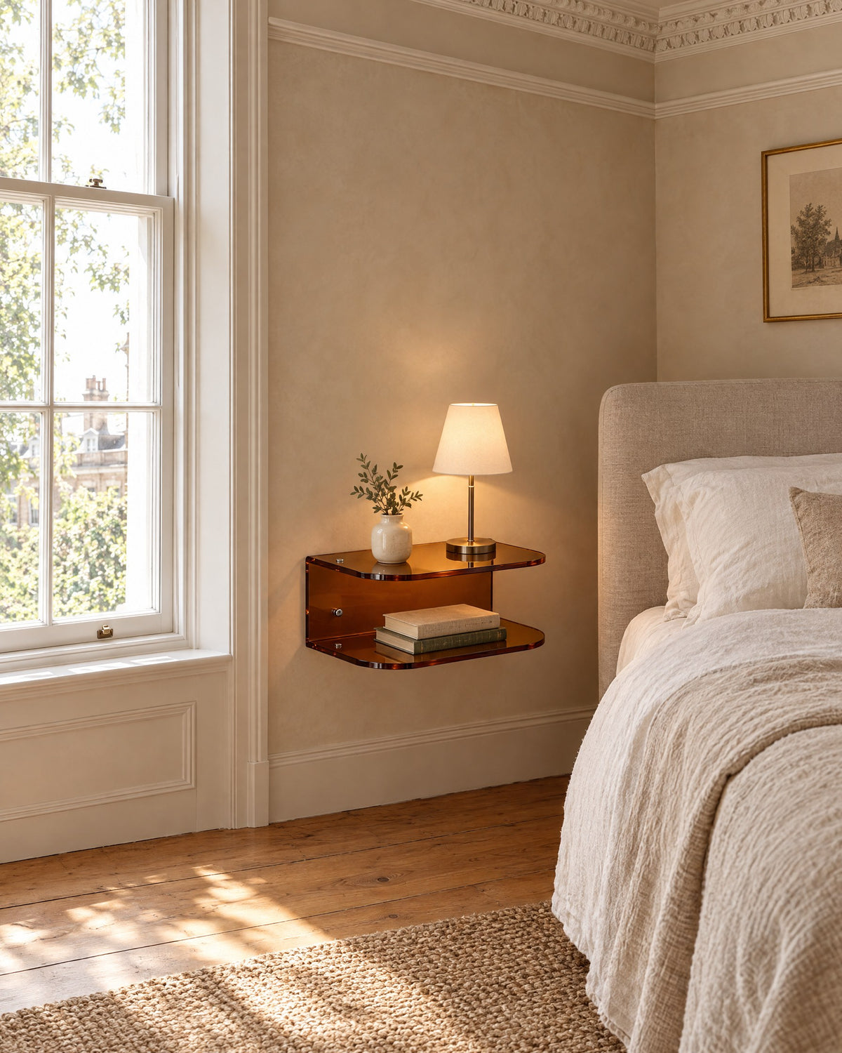 Amber acrylic floating bedside shelf beside a linen bed in a bright British bedroom with a sash window