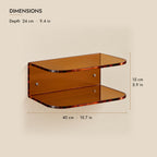 Amber acrylic floating bedside shelf dimensions: 40 cm wide, 24 cm deep, 15 cm high
