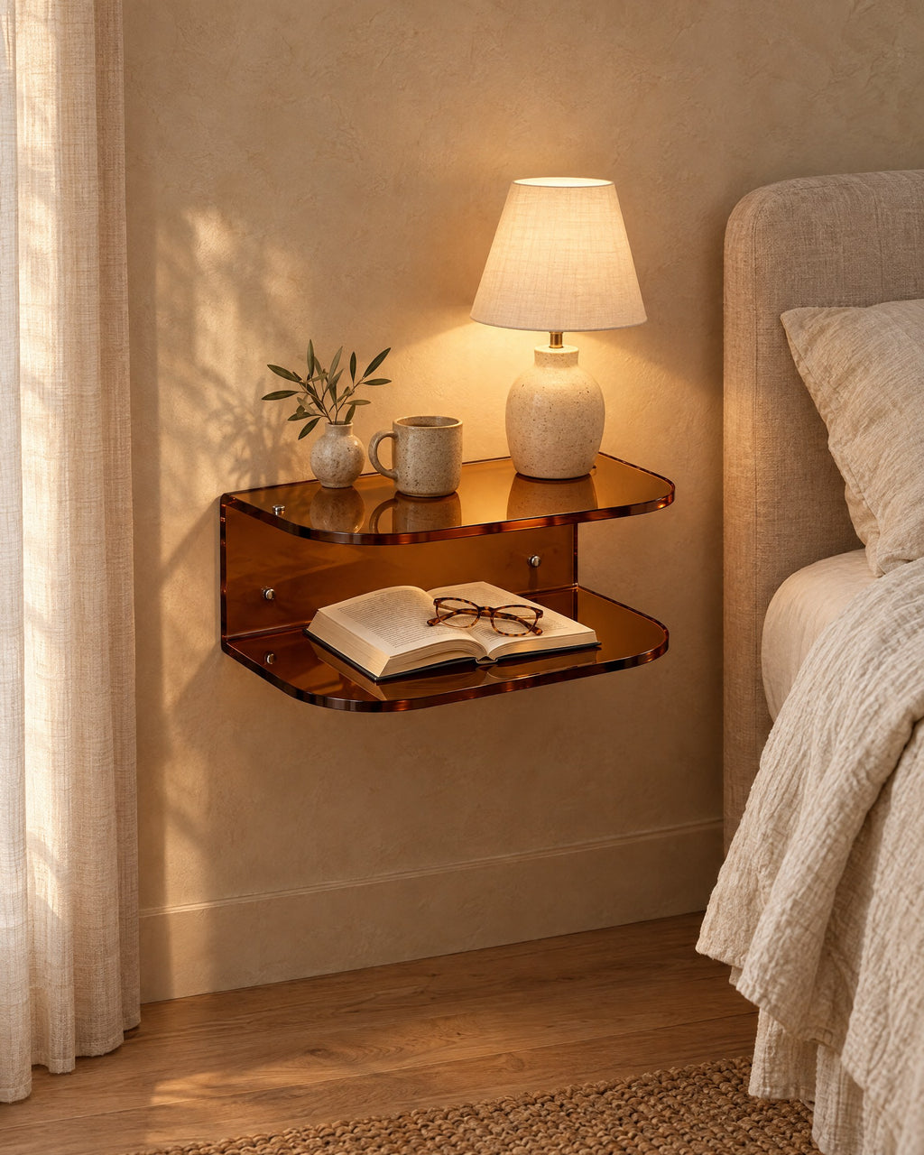 Amber acrylic floating bedside shelf with a lamp switched on and an open book in the evening