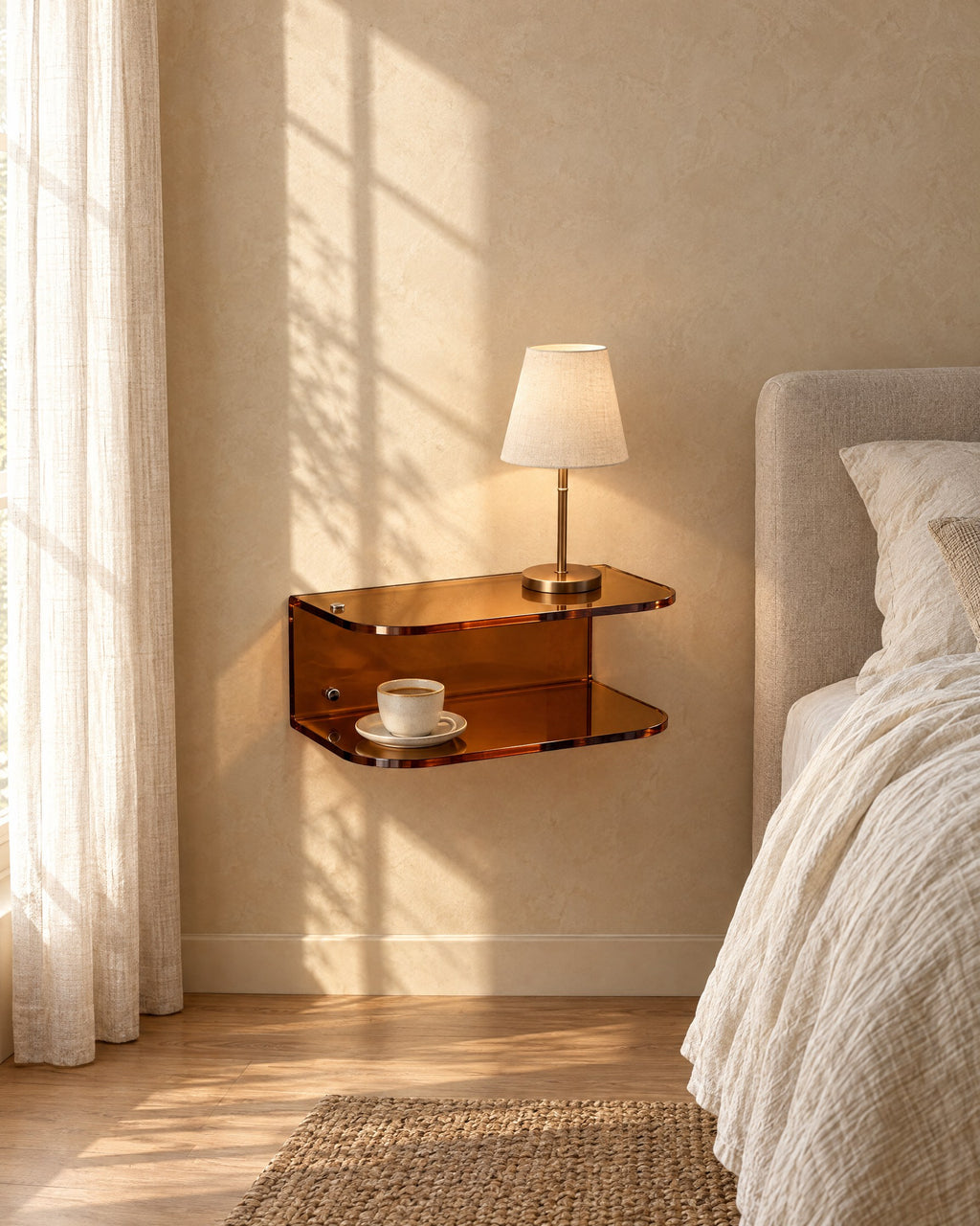 Amber acrylic floating bedside shelf with a ceramic lamp in warm morning light