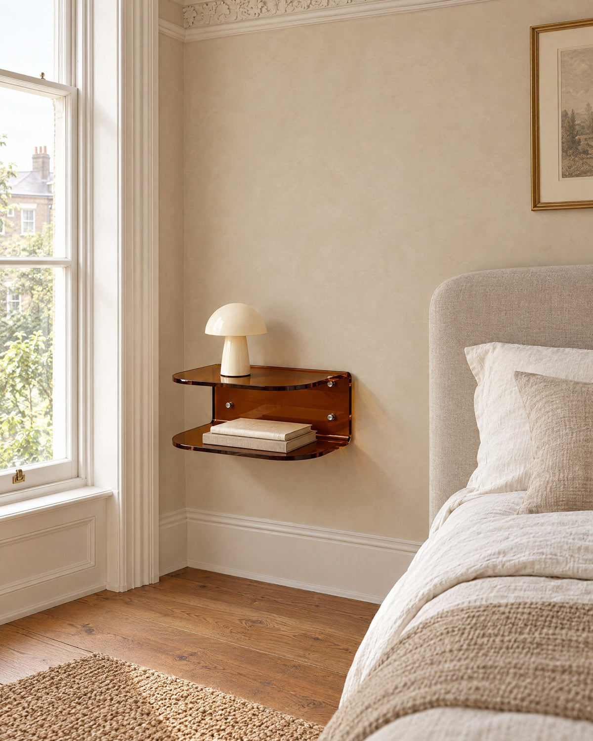 Amber acrylic floating bedside shelf beside a linen bed in a bright British bedroom with a sash window