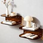 Amber acrylic floating bedside shelf in a bedroom