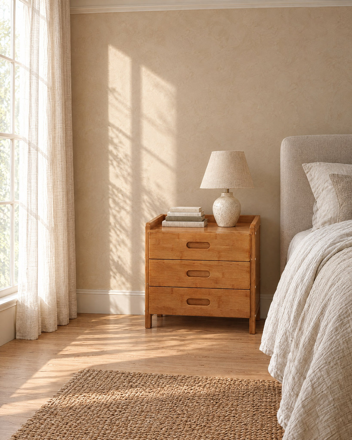 Honey bamboo bedside table with three drawers beside a linen bed in a British bedroom with a sash window