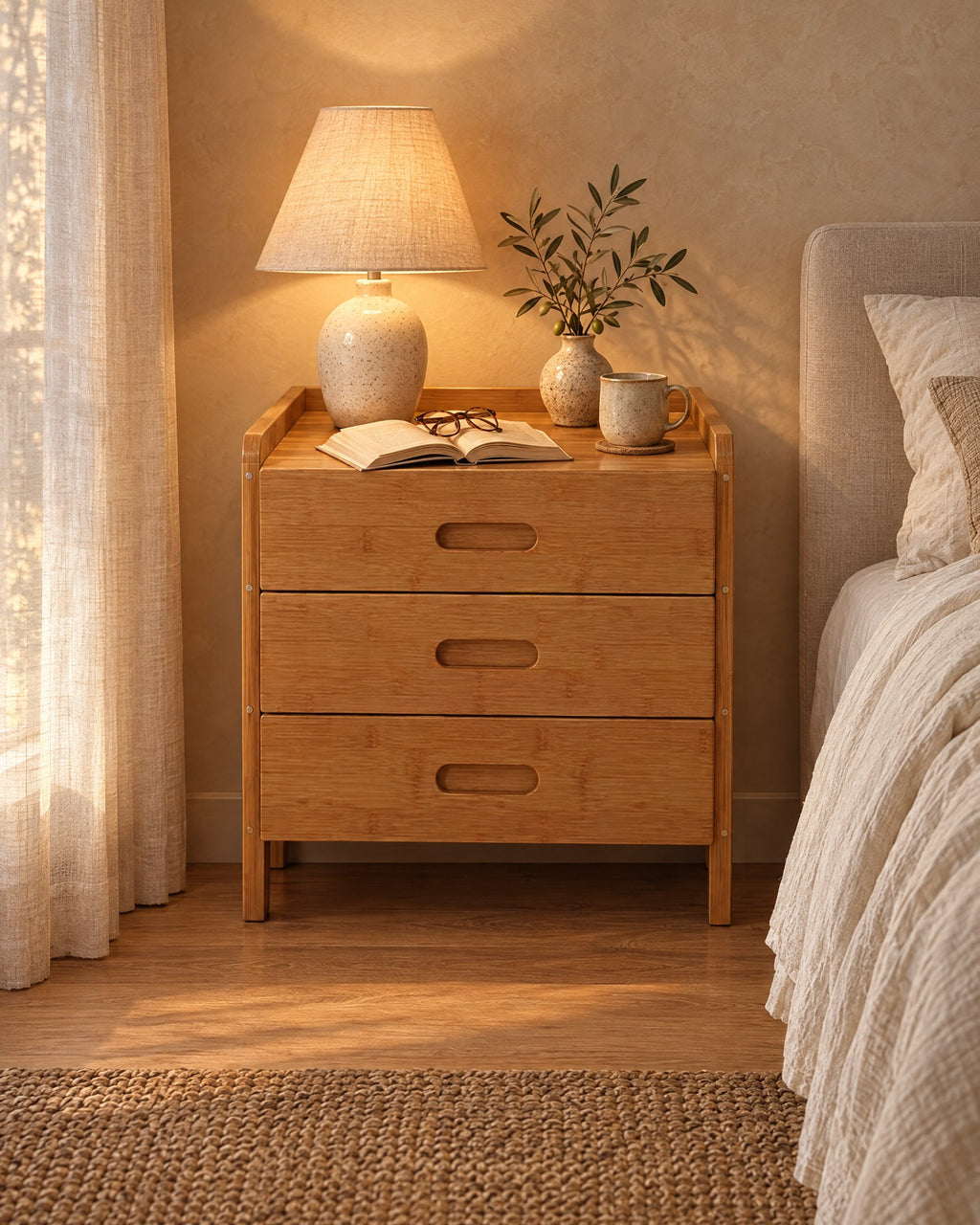 Bamboo bedside table with three drawers, a lamp switched on and an open book in the evening