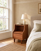 Walnut-tone bamboo bedside cabinet with curved sides, black top, open shelf and drawer beside a linen bed in a British bedroom with a sash window