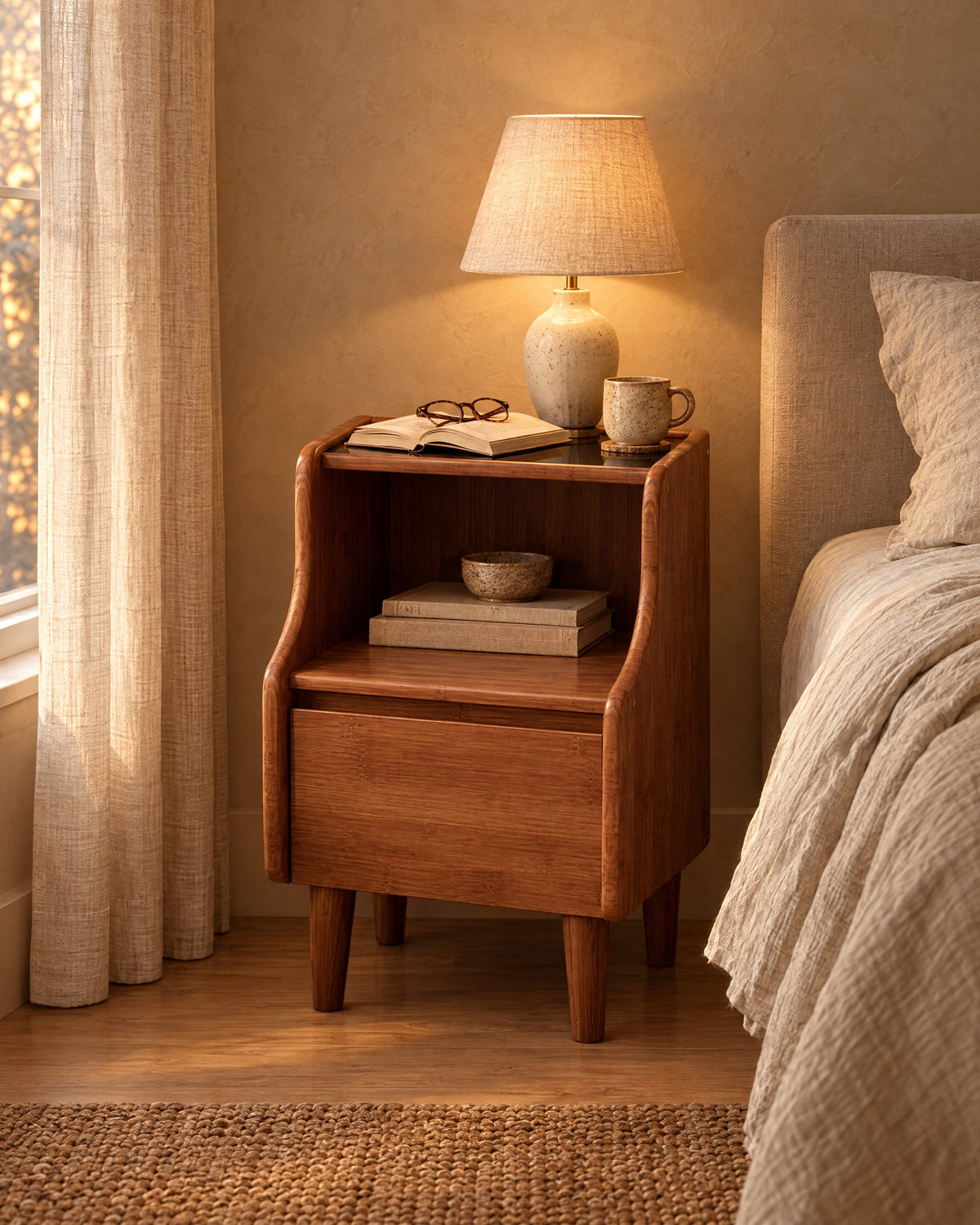 Walnut-tone bamboo bedside cabinet with curved sides, black top, open shelf and drawer, lamp switched on and an open book in the evening