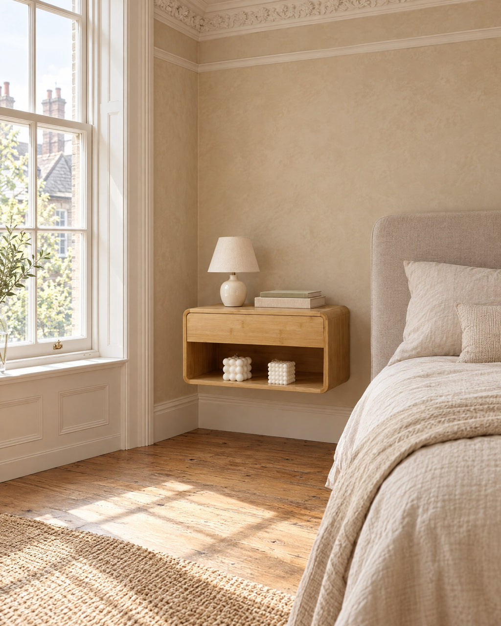 Bamboo floating bedside table beside a linen bed in a bright British bedroom with a sash window