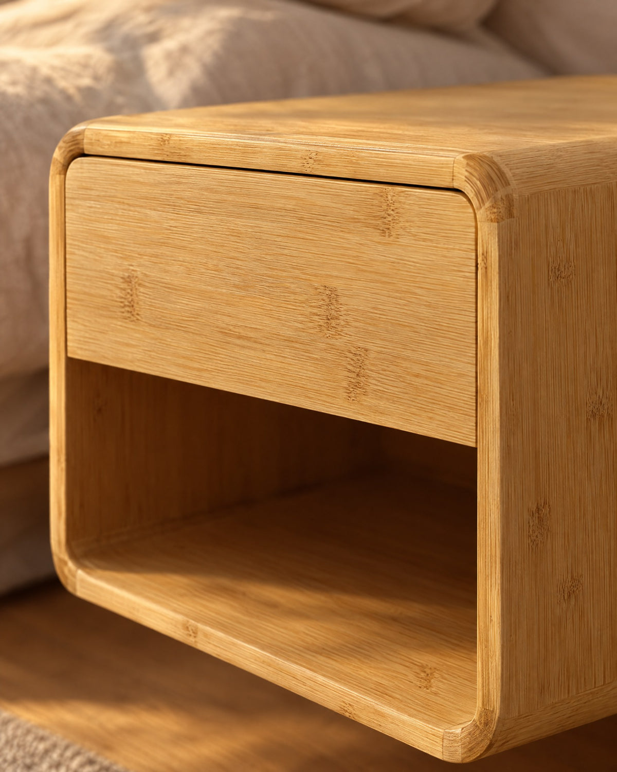 Close-up detail of the bamboo floating bedside table