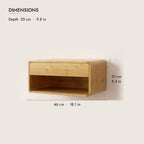 Bamboo floating bedside table dimensions: 46 cm wide, 25 cm deep, 21 cm high