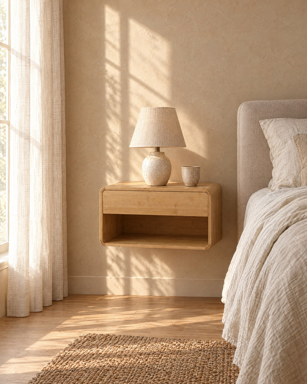 Bamboo floating bedside table with a ceramic lamp in warm morning light