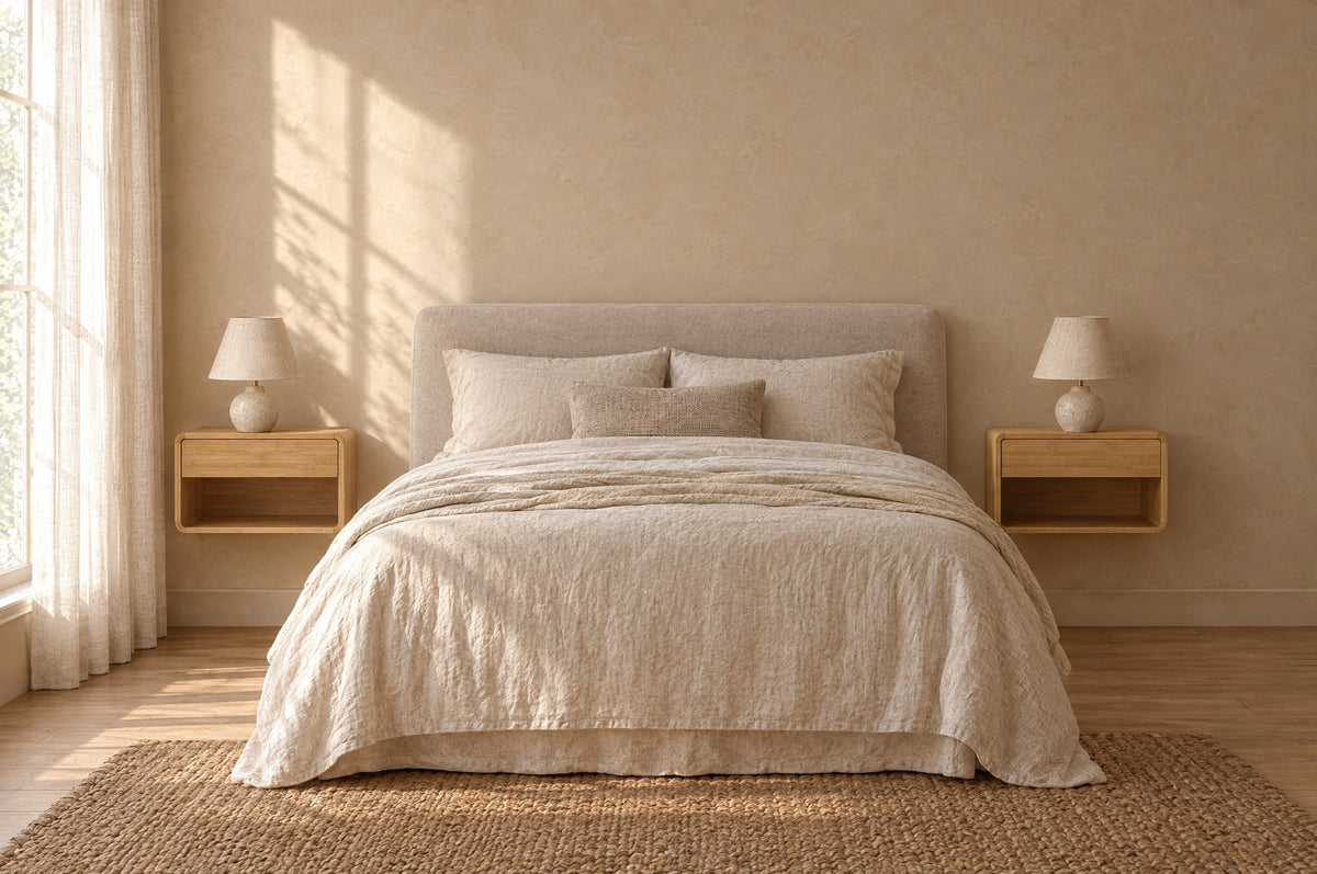 Pair of bamboo floating bedside tables on each side of a double bed