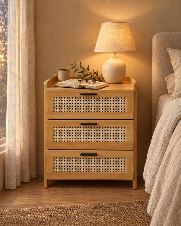 Bamboo Bedside Table with 3 Rattan Drawers