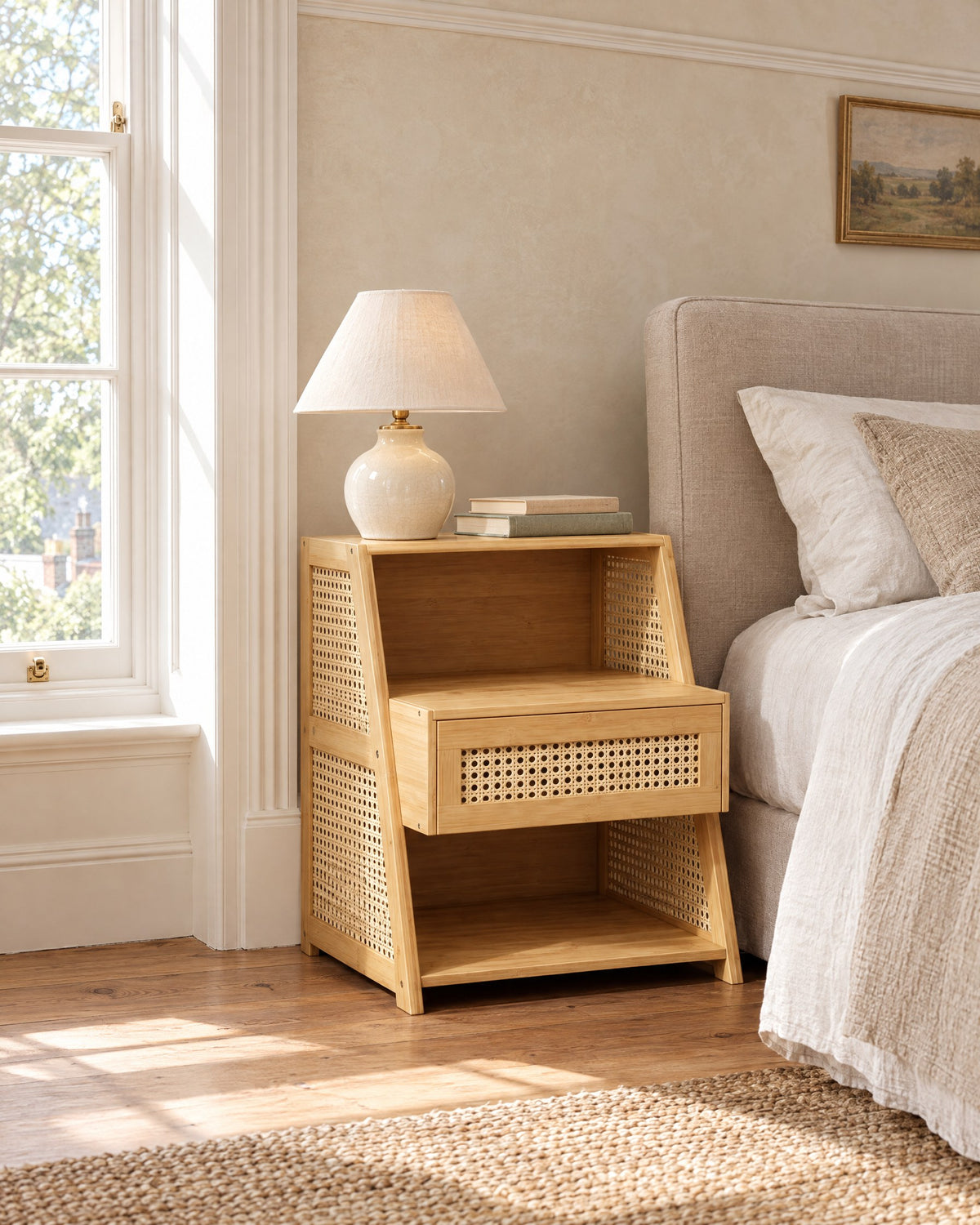 Bamboo bedside table with rattan side panels beside a linen bed in a British bedroom with a sash window