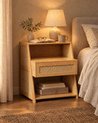 Bamboo and rattan bedside table with a drawer, lamp switched on and an open book in the evening