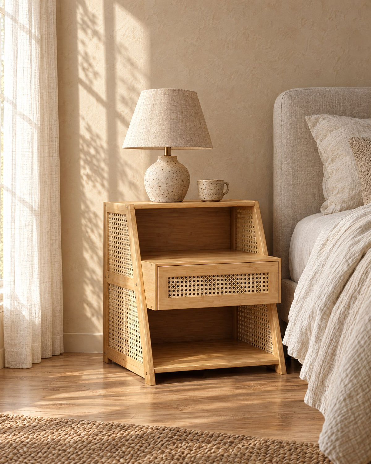 Bamboo and rattan bedside table with a ceramic lamp in morning light