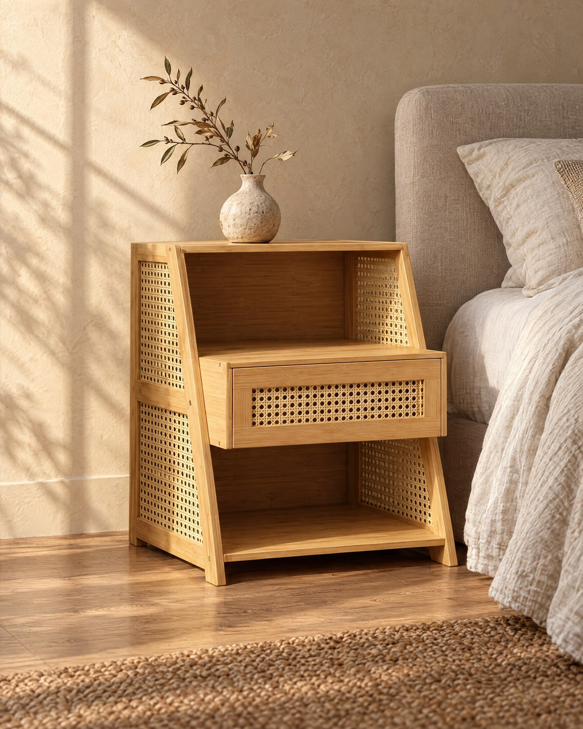 Three-quarter view of the bamboo bedside table showing its sloping rattan sides