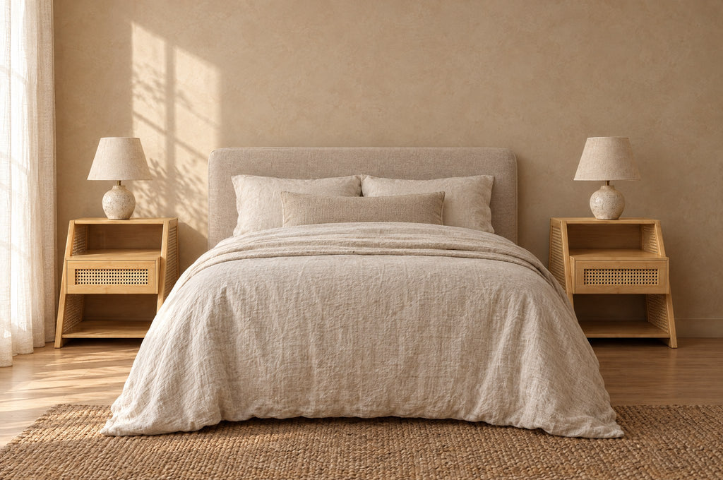 Pair of bamboo and rattan bedside tables on each side of a double bed
